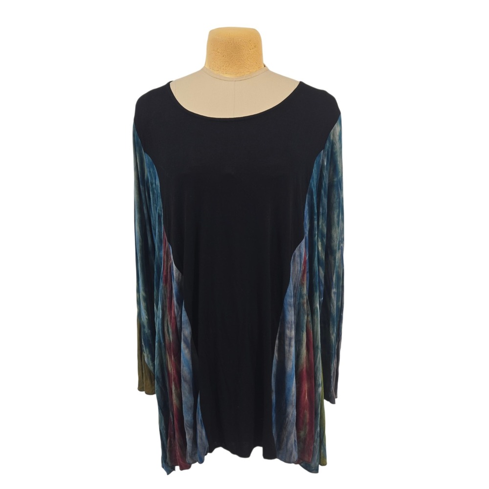 GreaterGood Tunic Top Women 2X Black Tie Dye Long Sleeve Rayon Boho Artsy